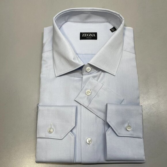 Zegna Men's Micro-Striped Trecapi Cotton Dress Shirt Light Blue Size 16.5 - Picture 1 of 6